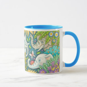 Taza Elephant's Garden Folk Art RHandle Mug Susan Brack