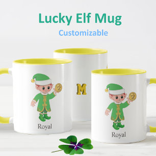 Taza Elfo Afortunado Moderno con Caligrafía y Monograma