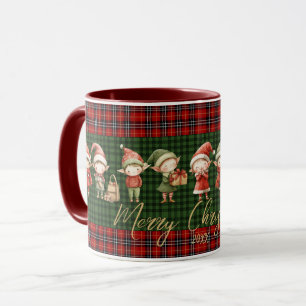 Taza Elfos ocupados lindos Plaids verdes rojos Navidad 
