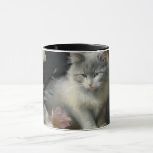 Taza En compañía de flores Gris y Gatito Blanco