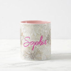 Taza Encaje Falso Floral Blanco Crema Romántico