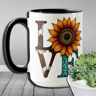 Taza Encanto Rústico Diseño de Girasol en Cuero de Vaca