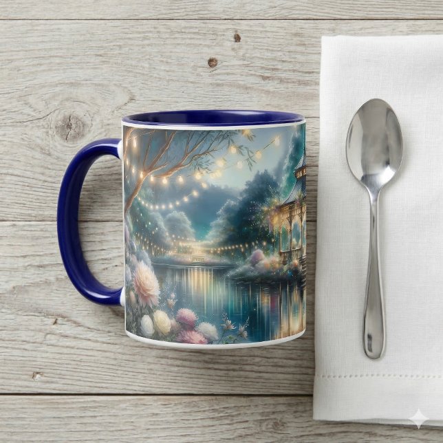 Taza Enchanted Garden Gazebo Twilight Reflection (Enchanted Garden Gazebo Twilight Reflection Mug On Table)