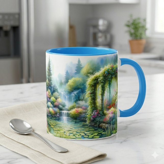 Taza Enchanted Waterfall Garden Lily Pond (Enchanted Waterfall Garden Lily Pond Mug On Marble Counter)