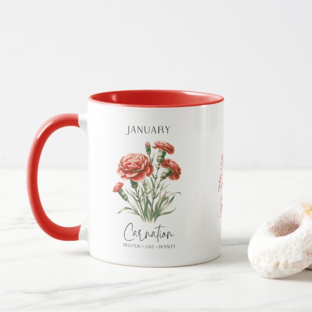 Taza Enero Nacimiento Mes de Nacimiento Flor Carnación  (Con donut)