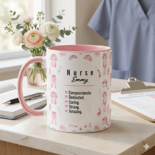 Taza Enfermera Patrón Acuarela Rosa Elegante Personaliz