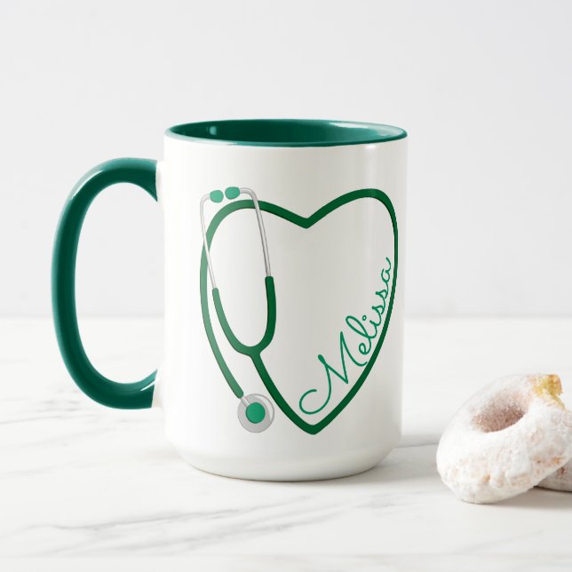 Taza Enfermera Stethoscope Corazón Verde Café Diversión (Con donut)