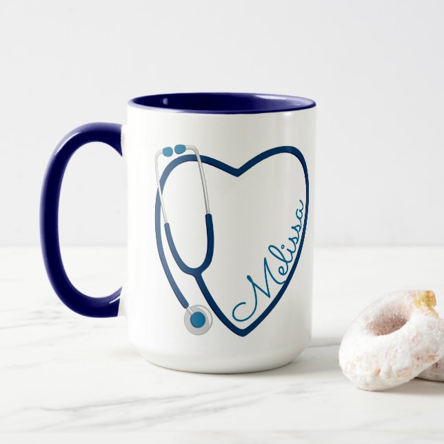 Taza Enfermera Stethoscope Heart Blue Coffee Diversión (Con donut)