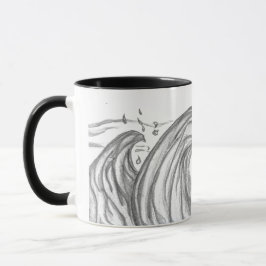 Taza Enorme ola del océano dibujada a mano en negro y b