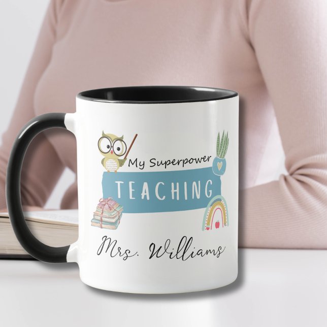 Taza Enseñando mi superpotencia y arcoiris, manzana roj (Subido por el creador)