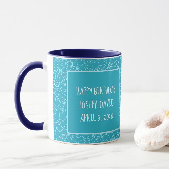 Taza Es un niño azul Baby Shower personalizado (Con donut)