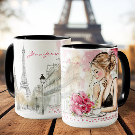 Taza Esbozo acuarela de París con café femenino