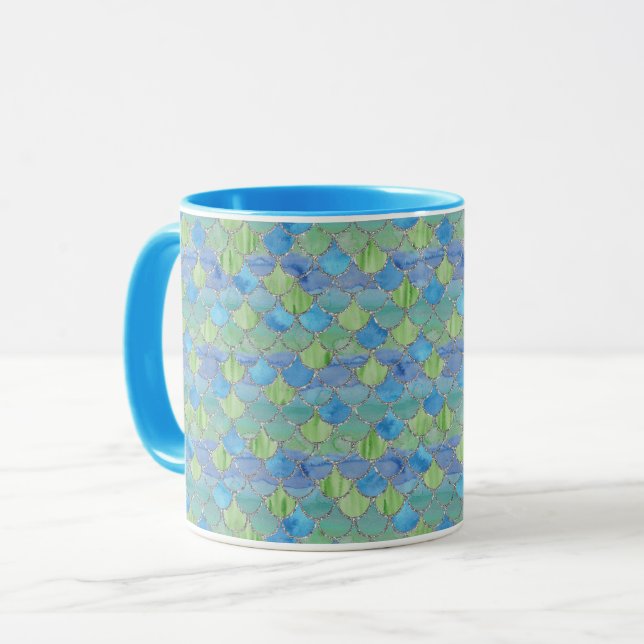 Taza Escales de sirena azules, verdes y plateadas Mug (Anverso izquierdo)