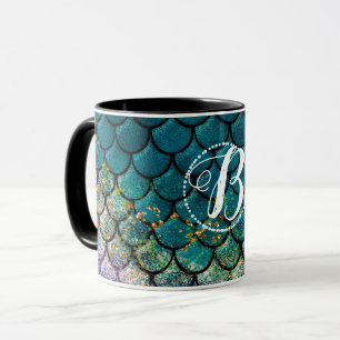 Taza Escamas de pez sirena glamour azul teñido púrpura