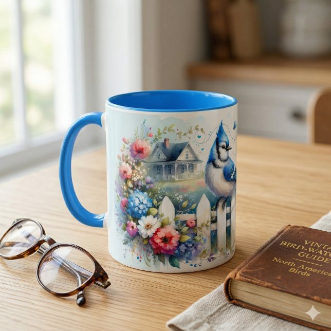 Taza Escena de la cerca del jardín de la cabaña de arre (Blue Jay Cottage Garden Fence Scene Mug On Kitchen Counter)