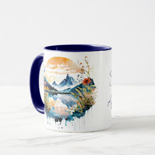 Taza Escena de montaña en acuarela con texto personaliz