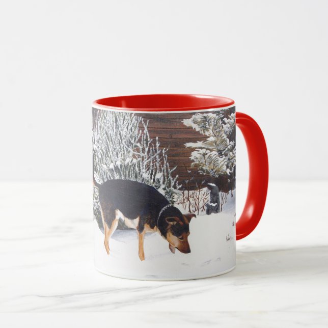 Taza Escena de nieve de invierno con perro negro lindo  (Anverso derecho)