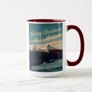 Taza Escena de nieve invernal cielo teal paisaje retro