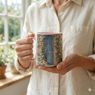 Taza Escena del camino floral de la puerta azul del jar