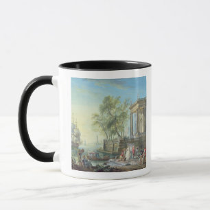 Taza Escena del puerto con el sol poniente (aceite en