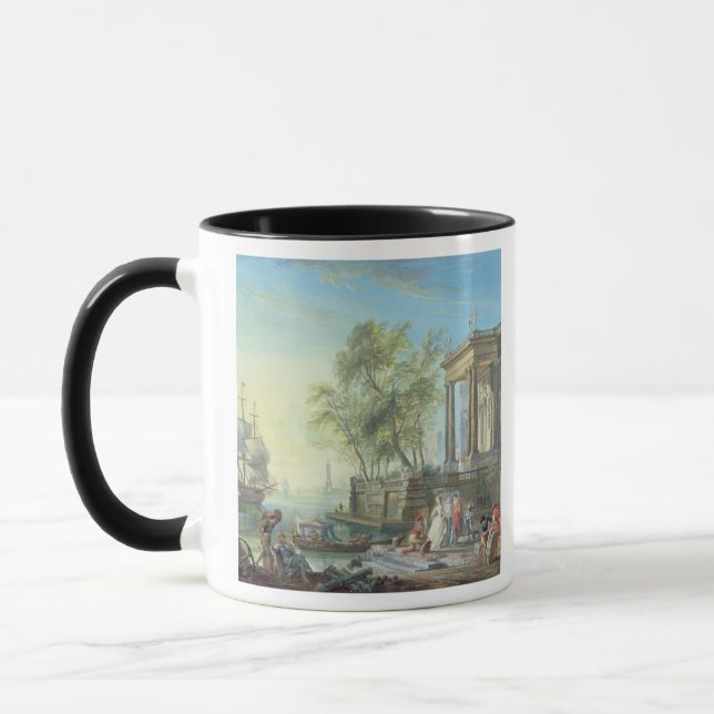 Taza Escena del puerto con el sol poniente (aceite en (Izquierda)