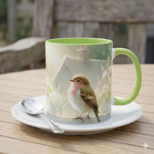 Taza Escena en Acuarela de Pájaro con Rosas de Jardín