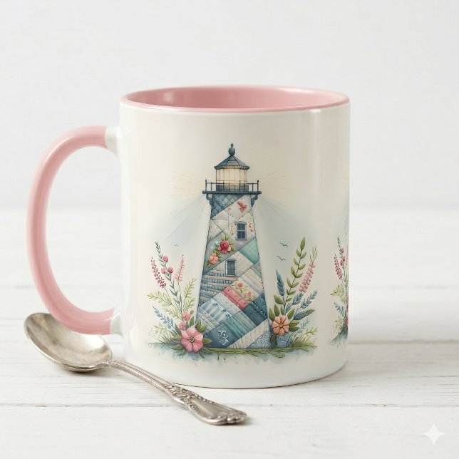 Taza Escena floral costera del faro de patchwork (Patchwork Lighthouse Coastal Floral Scene Mug)