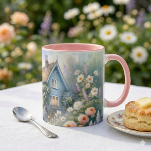 Taza Escena floral de casa azul de jardín de cottage pa