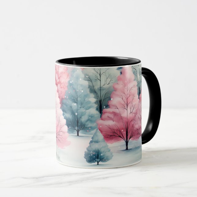 Taza Escena invernal de árboles de aves marinas y rosas (Anverso derecho)