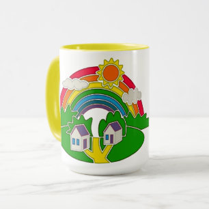 Taza Escena rural de dibujos animados con arcoíris y ca