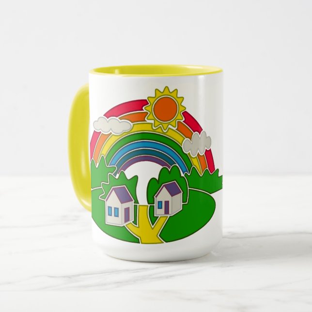 Taza Escena rural personalizado con arcoiris y casa de  (Anverso izquierdo)