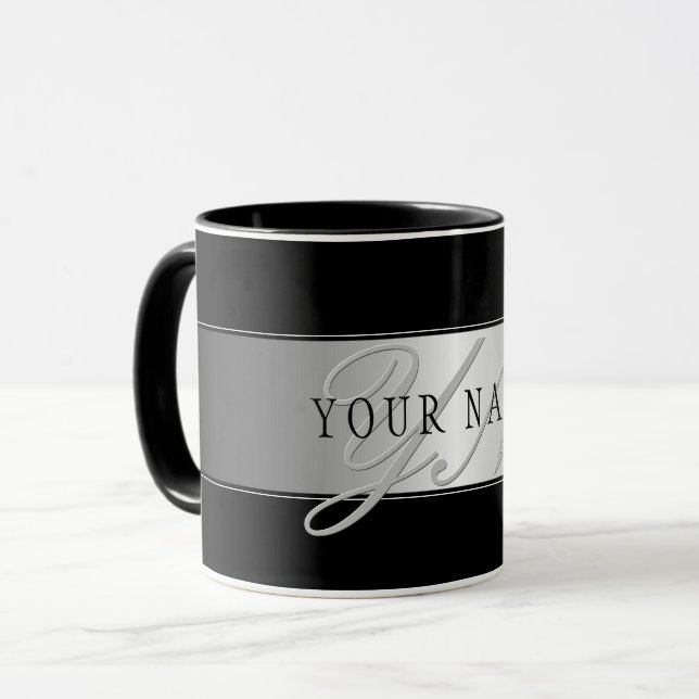 Taza Escritura Elegante Editable En Monograma | Negra (Anverso izquierdo)