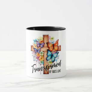 Taza Escritura inspiradora de mariposa/cruz floral