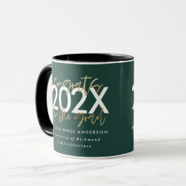 Taza escritura moderna en verde y dorado graduación ele