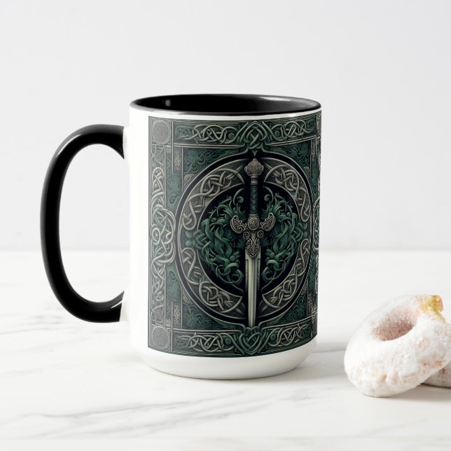 Taza Espada verde celta y plateada (Con donut)
