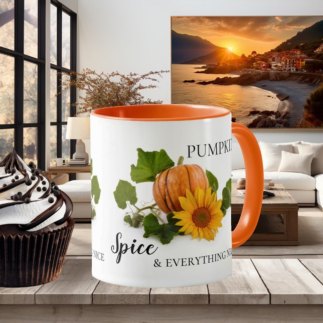 Taza Especie de calabaza y todo lo bueno para la caída (Elegant autumn and Thanksgiving mug featuring a pumpkin and sunflower)