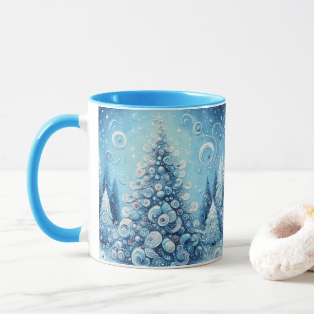Taza Espectacular árbol de navidad impresionista azul (Con donut)