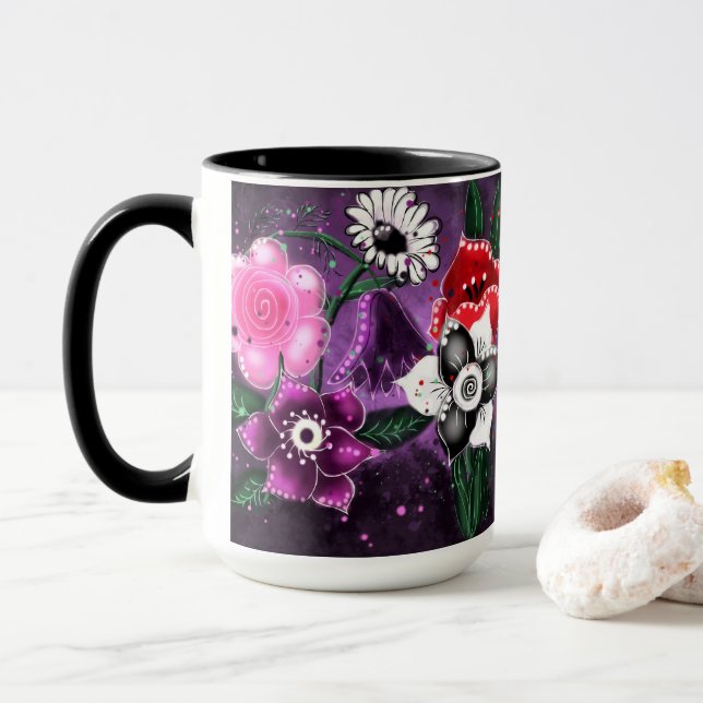 Taza Espectacular floral morado negro rosado margarita  (Con donut)
