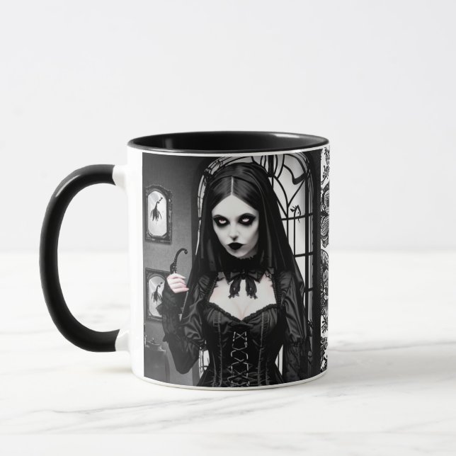 Taza Espeluznante Chica gótico blanco y negro (Izquierda)