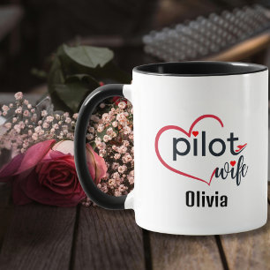 Taza Esposa piloto, corazón y avión, simple moderno