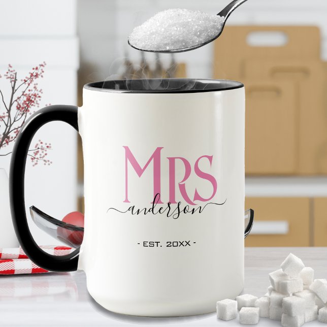 Taza Esposa Rosa Novia Sra. Aniversario de Boda (pink Mrs. accent coffee mug for a wife / bride)