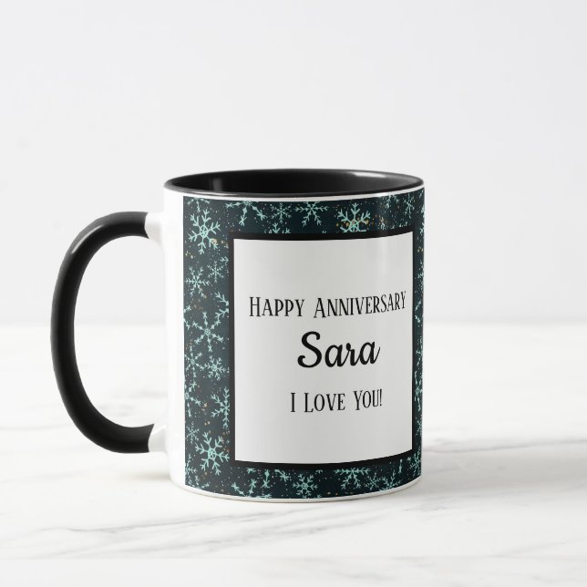 Taza Espumosos copos de nieve azul blanco en cielo negr (Izquierda)