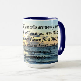 TAZA ESQUÍ AZUL MATTHEW 11:28 DISEÑO DE FOTOS SUNRISE