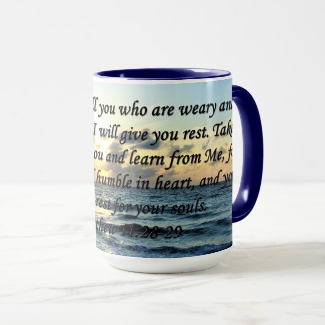 TAZA ESQUÍ AZUL MATTHEW 11:28 DISEÑO DE FOTOS SUNRISE (Anverso derecho)