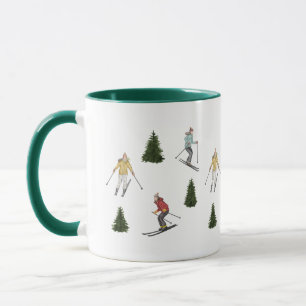 Taza Esquiadores Acuarela Y Abetos Con Nombre Festivo