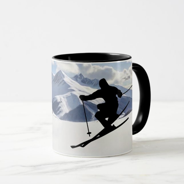 Taza Esquiar silueta en montañas nevadas Personaliza (Anverso derecho)