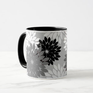 Taza Estampa de kimono floral moderno, gris, negro y bl