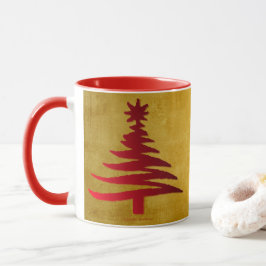 Taza Esténcil rojo de árbol de Navidad en oro