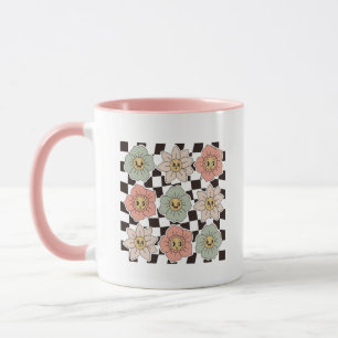 Taza Estética de Cuadro de Flores Sonrientes Retro Groo