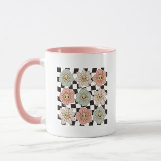 Taza Estética de Cuadro de Flores Sonrientes Retro Groo